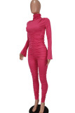 Rose Red Sexy Solid Patchwork Fold Turtleneck Regular Jumpsuits