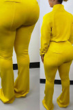 Yellow Casual Solid Patchwork Draw String Zipper Zipper Collar Long Sleeve Two Pieces