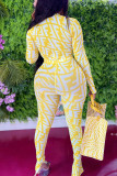 Yellow Casual Print Patchwork O Neck Long Sleeve Two Pieces