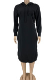 Black Casual Solid Patchwork Slit Hooded Collar Straight Dresses