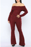 Burgundy Sexy Solid Patchwork Off the Shoulder Boot Cut Jumpsuits