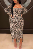 Leopard Print Fashion Sexy Print Leopard Cardigan Long Sleeve Two Pieces