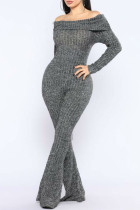 Grey Sexy Solid Split Joint Off the Shoulder Boot Cut Jumpsuits