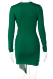 Dark Green Fashion Sexy Solid Patchwork V Neck Long Sleeve Dresses