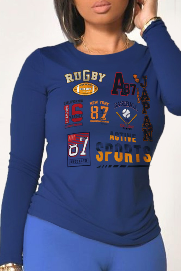 Navy Blue Street Sportswear Print Patchwork O Neck Tops
