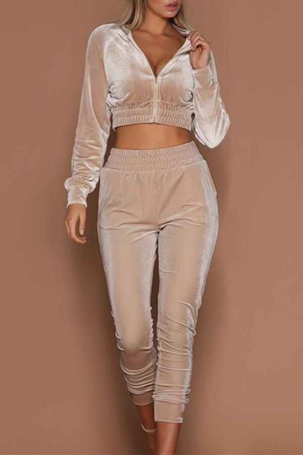 Apricot Fashion Casual Solid Basic Zipper Collar Long Sleeve Two Pieces