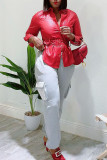 Red Casual Street Solid Patchwork Buckle Turndown Collar Outerwear