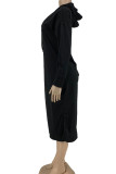 Black Casual Solid Patchwork Slit Hooded Collar Straight Dresses