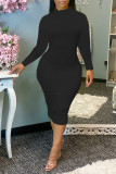 Red Casual Solid Patchwork Turtleneck Pencil Skirt Dresses