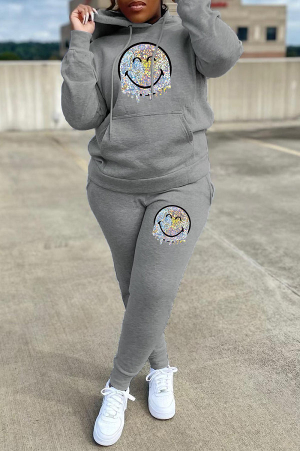 Light Gray Fashion Casual Print Basic Hooded Collar Long Sleeve Two Pieces