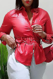 Red Casual Street Solid Patchwork Buckle Turndown Collar Outerwear