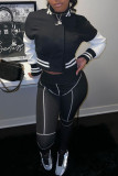 Black Casual Print Patchwork Zipper Long Sleeve Two Pieces