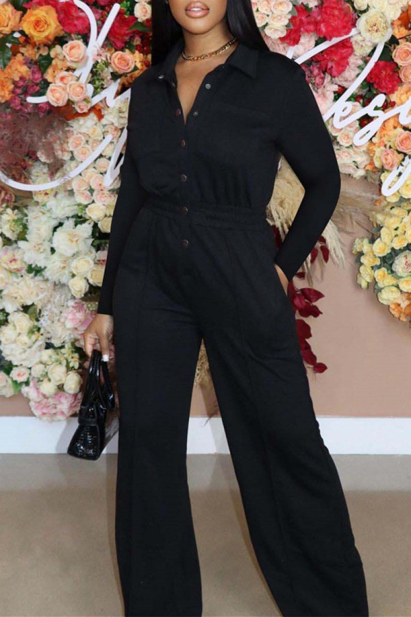 Black Fashion Casual Solid Basic V Neck Regular Jumpsuits