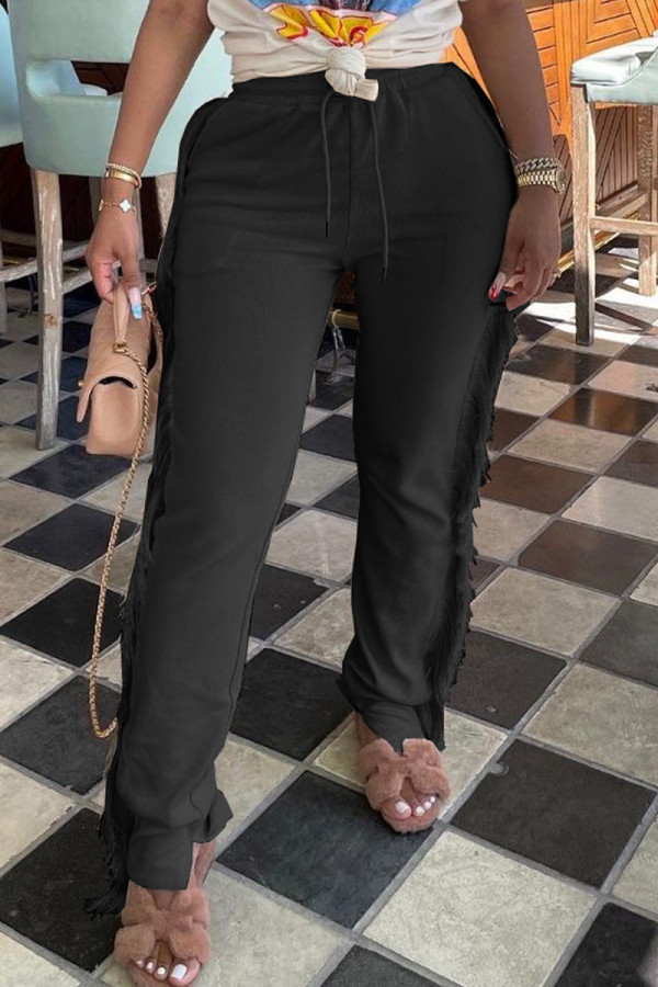 Black Fashion Casual Solid Tassel Patchwork Regular High Waist Trousers
