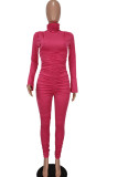 Rose Red Sexy Solid Patchwork Fold Turtleneck Regular Jumpsuits