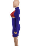 Blue Fashion Sexy Patchwork Hollowed Out Asymmetrical O Neck Long Sleeve Dresses
