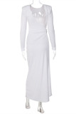 White Fashion Sexy Solid Backless Slit O Neck Long Sleeve Dresses