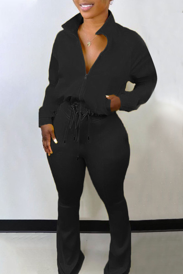 Black Casual Solid Patchwork Draw String Zipper Zipper Collar Long Sleeve Two Pieces