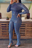 Blue Fashion Casual Patchwork Basic Half A Turtleneck Long Sleeve Two Pieces