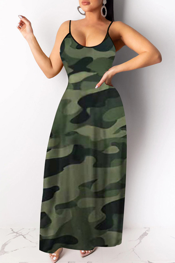 Army Green Fashion Sexy Print Backless Spaghetti Strap Long Dress