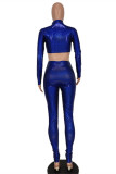 Blue Fashion Patchwork Sequins Zipper Collar Long Sleeve Two Pieces