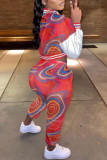 Red Fashion Casual Print Cardigan Pants Long Sleeve Two Pieces