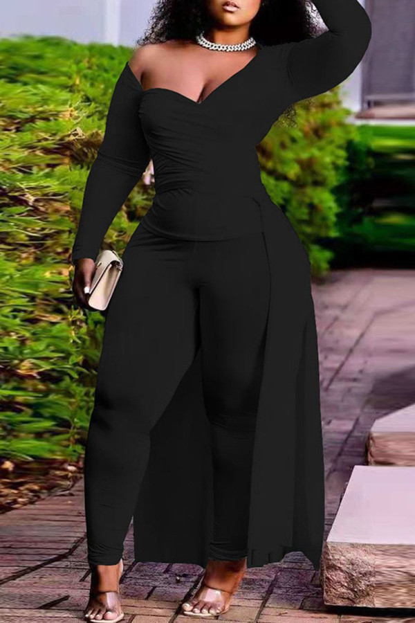 Black Sexy Solid Patchwork Asymmetrical Asymmetrical Collar Long Sleeve Two Pieces