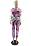 Red Fashion Casual Print Cardigan Pants Long Sleeve Two Pieces