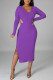 Purple Sexy Solid Hollowed Out Patchwork Slit Zipper V Neck Long Sleeve Two Pieces