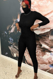 Black Fashion Casual Solid Backless Hooded Collar Skinny Jumpsuits