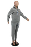 Light Gray Fashion Casual Print Basic Hooded Collar Long Sleeve Two Pieces