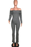 Grey Sexy Solid Patchwork Off the Shoulder Boot Cut Jumpsuits