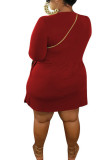 Wine Red Fashion Sexy adult Ma'am O Neck Solid Button Plus Size