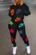 Black Fashion Casual Letter Print Basic Hooded Collar Long Sleeve Two Pieces