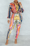 Blue Casual Print Patchwork Turndown Collar Long Sleeve Two Pieces