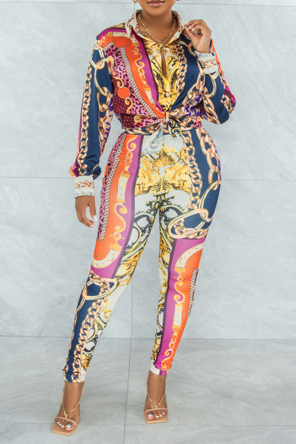 Tangerine Red Casual Print Patchwork Turndown Collar Long Sleeve Two Pieces