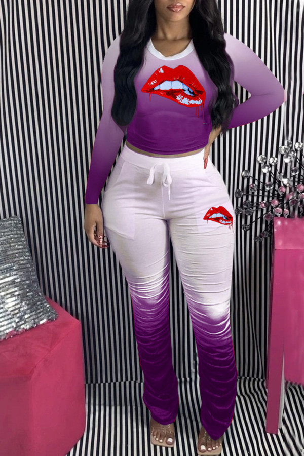 Purple Casual Gradual Change Print Patchwork Fold O Neck Long Sleeve Two Pieces