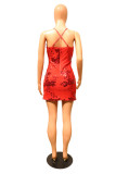 Red Fashion Sexy Patchwork Sequins V Neck Sling Dress