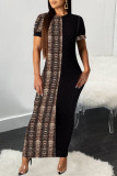Black Brown Fashion Casual Print Split Joint O Neck Short Sleeve Dress