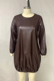 Brown Fashion Casual Solid Basic O Neck Long Sleeve Plus Size Dresses