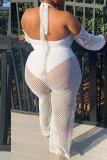 White Sexy Solid Hollowed Out Split Joint See-through Mesh Halter Plus Size Two Pieces