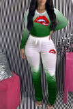Red Casual Gradual Change Print Patchwork Fold O Neck Long Sleeve Two Pieces