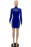 Blue Celebrities Solid Hollowed Out Patchwork O Neck Pencil Skirt Dresses