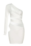 White Sexy Solid Hollowed Out Backless Oblique Collar Long Sleeve Dresses