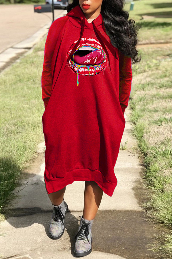 Red Casual Street Print Patchwork Hooded Collar Long Sleeve Dresses