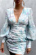 Light Blue Fashion Sexy Print Fold V Neck Long Sleeve Dresses
