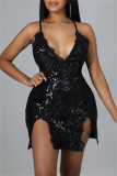 Red Fashion Sexy Patchwork Sequins V Neck Sling Dress