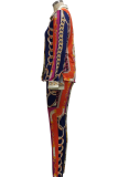 Blue Casual Print Patchwork Turndown Collar Long Sleeve Two Pieces