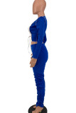 Blue Sexy Solid Bandage Hollowed Out Patchwork Fold Long Sleeve Two Pieces