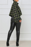 Green Fashion Casual Plaid Basic Turndown Collar Tops